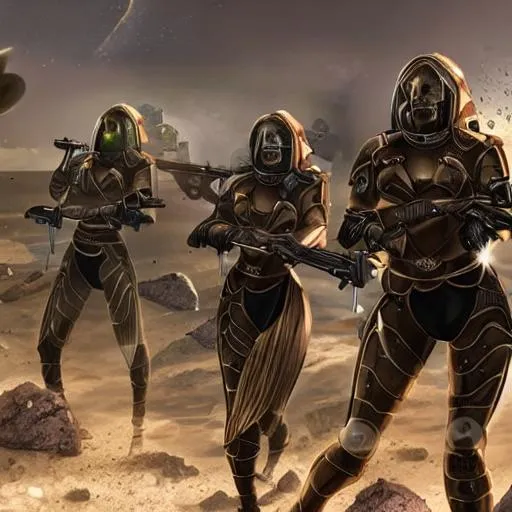 Prompt: Women wearing spartan armor shooting a bunch of aliens with a rifle, while in an alien planet where you can see a planet with moons