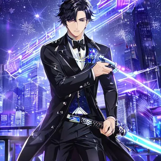 Prompt: Handsome man with striking features, shimmering black eyes, black hair, black coat with white accents and blue embellishments, cyberpunk style, laser sword sheathed on hip, standing in the night
