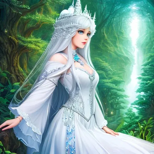 Prompt: Highly detailed extreamly beautiful Good Witch all in white ,beautiful,from Wizard of Oz ,on a forest pass,castle,surreal backgraund,fantasy art,magical,intricate,highly detailed,sharp focus,beautiful eyes ,face ,highly detailed face