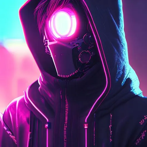 Prompt: Quality, 8k, detailed, cyberpunk, anime, hood, mask, face, neon backlight