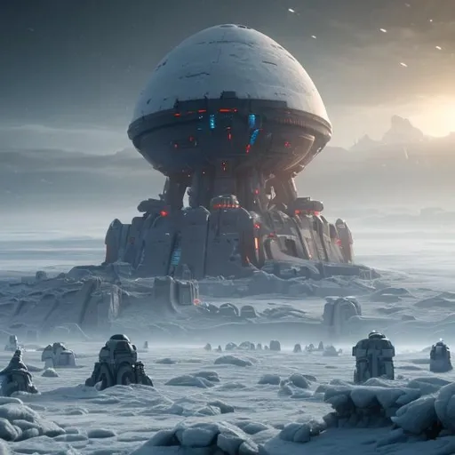Prompt: Gigantic futuristic fortress in the middle of an icy tundra landscape, 8k, cinematic, shadowy, snowy, with sentinel robots, wide shot, space, misty