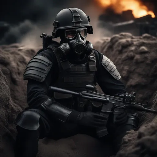 Prompt: A depression modern roman military male in black military roman armor, and gas mask, sitting in trench, violent war, background bunker, shooting guns, Hyperrealistic, sharp focus, Professional, UHD, HDR, 8K, Render, electronic, dramatic, vivid, pressure, stress, traumatic, dark.