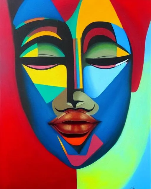 Prompt: Oil painting, geometric abstract face art. Afro centric, surreal 