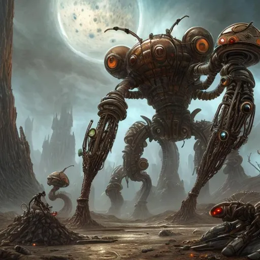 Prompt: fantasy art style, dystopian, biological mechanical war machine, ant eggs, ants, fire ants, giant ants, bullet ants, aliens, outer space