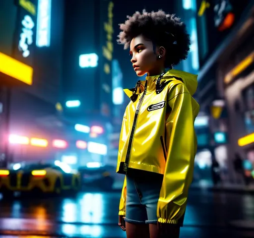 Prompt: cyborg, robot girl wearing yellow rain jacket and denim shorts in a cyber punk city, hyper realistic details, cinematic lighting, 3d, 8k