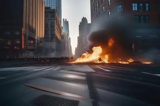 Prompt: riots in New York, apocalypse zombie,  Hyperrealistic, sharp focus, Professional, UHD, HDR, 8K, Render, electronic, dramatic, vivid, pressure, stress, nervous vibe, loud, tension, traumatic, dark, cataclysmic, violent, fighting, Epic