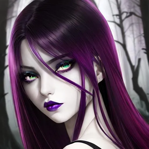Prompt: a woman, beautiful straight gradient-dyed hair, stunning sapphire eyes, deep purple lips, deep and rich colors burgundy, claret, black, pumpkin, green, blackberry, cranberry, purple, forest, moonlight, natural pose, radiant, foreboding , disfigured, deformed, repetitive, black and white, anime Character Portrait, Symmetrical, Soft Lighting, Reflective Eyes, Pixar Render, Unreal Engine Cinematic Smooth, Intricate Detail, anime Character Design, Unreal Engine, Beautiful, Tumblr Aesthetic,  Hd Photography, Hyperrealism, Beautiful Watercolor Painting, Realistic, Detailed, Painting By Olga Shvartsur, Svetlana Novikova, Fine Art