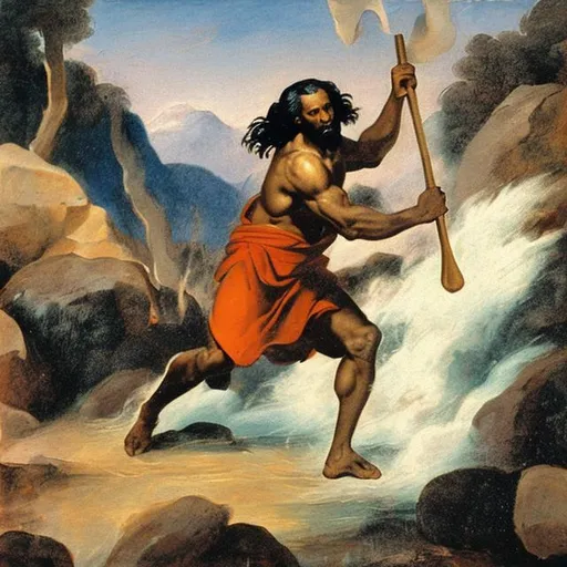 Prompt: Moses hitting the rock