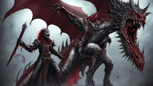 Prompt: Vampire in red armor riding a zombie dragon, very realistic, dragon breathing black mist, vampire wielding a magical sword. 