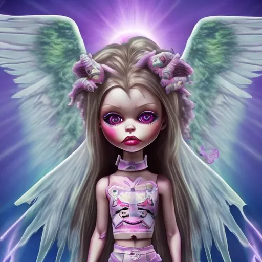 Prompt: bratz dolls scary angel with halos and wings holy floating eyes five arms sword  bad trip many eyes two heads twins chimera third eye bad trip chimera