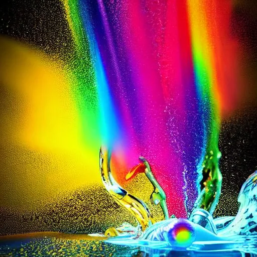 Prompt: Rainbow explosion with reflection in water, made of coloured particles, high contrast: COLORFUL: 3D: ultra-fine details: dramatic lighting: splash art: professional photography, ZBrushCentral: finalRender: sharp focus: Unreal Engine 5 Trending on Artstation drip art fluid acrylics