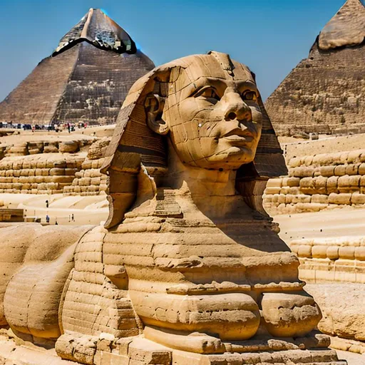 Prompt: A meticulously sculpted Great Sphinx of Giza carved from a single limestone outcrop, featuring a lion's body painted in shades of ochre and a human head adorned with a vibrantly striped nemes headdress in hues of blue and gold. The face resembles Pharaoh Khafre and possesses finely chiseled features. The eyes are accentuated, symmetrical, inlaid with precious stones, and eternally gaze towards the horizon. The Sphinx is set against a desert backdrop and is surrounded by a small temple and a causeway leading to a nearby pyramid complex. Ensure the best resolution and the highest quality of the image.