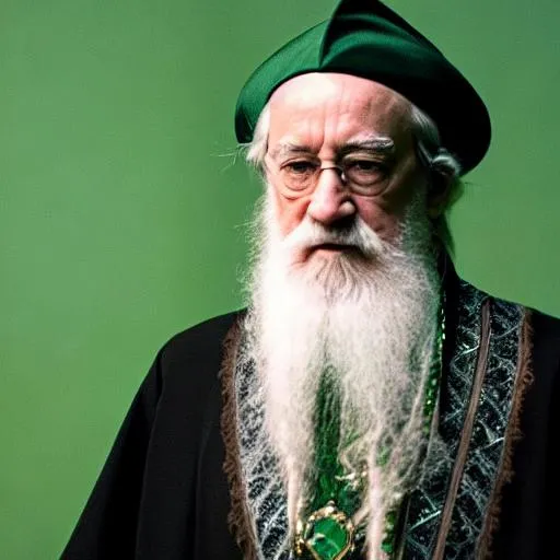 Prompt: Albums Dumbledore in an emerald green robe