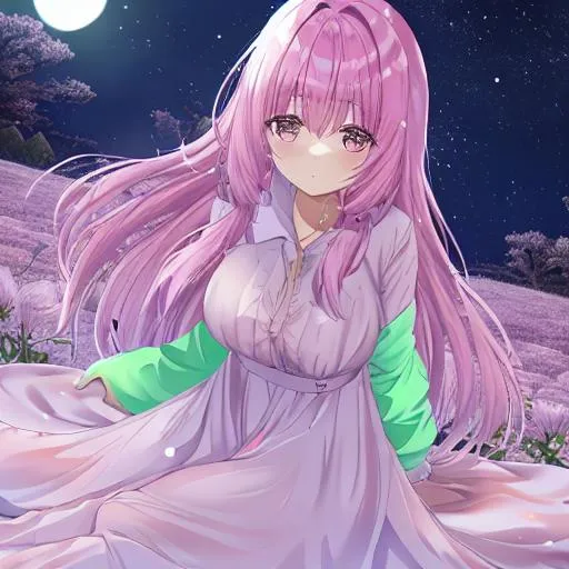 Prompt: slime girl in a field of moonblossoms at night clear sky full moon pink hair beautiful 