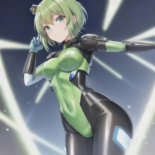 Prompt: frog girl, anime, humanoid, mecha suit, short hair