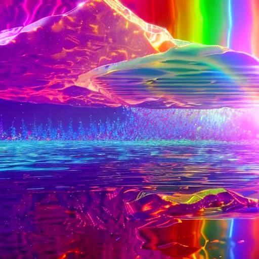 Prompt: crystal rainbow waters refracting light of a galactic crystal landscape beneath, underwater, caustic, award - winning render, photon tracer, octane engine, raytracing relaxing, bright, anime style, manga style