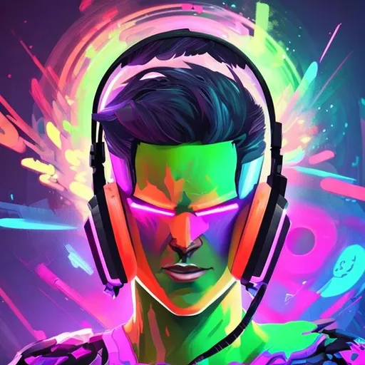 Prompt: Generate a digital artwork of a healthy gamer in a vibrant and dynamic pose, wearing stylish headphones. The gamer should exude energy and enthusiasm, showcasing a strong and fit physique. Use a combination of vivid colors and futuristic elements to create a captivating and visually appealing composition. Be sure to emphasize the connection between the gamer and their headphones, making them an integral part of the overall aesthetic
