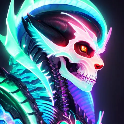 Prompt: Watercolor portrait of a roaring neon skeleton dragon with iridescent black markings and a cute face, perfect composition, hyperrealistic, super detailed, 8k, high quality, trending art, trending on artstation, sharp focus, studio photo, intricate details, highly detailed, by greg rutkowski, illustration, watercolor