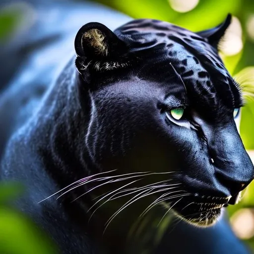 Prompt: black jaguar in the night with very bright green eyes