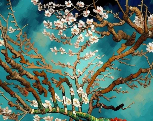 Prompt: Oil painting in impressionism style, vertical almond blossom on the deep blue, emerald green background, done with small strokes