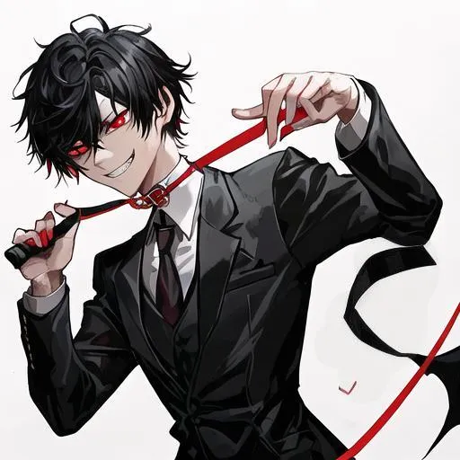 Prompt: Damien  (male, short black hair, red eyes) wearing a collar and holding a leash pulling on it. grinning seductively, knife in his hand holding someone hostage