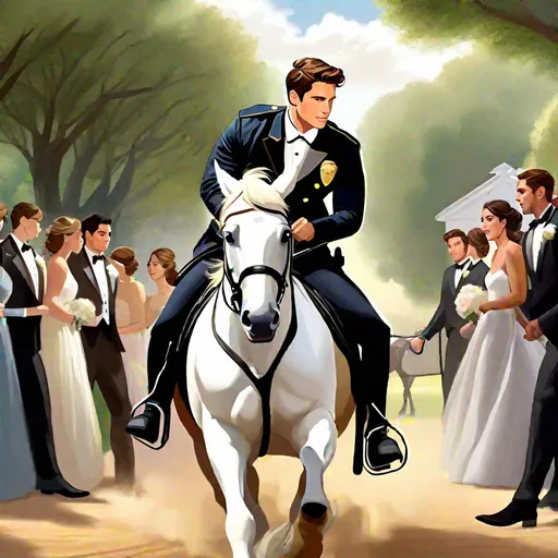 Prompt: Caleb  as a police officer (brown hair) (brown eyes) wearing a tuxedo, full body, riding a horse, pulling back on the reins, making the horse on its hind legs rearing  up, two large doors directly behind him, center, front-facing, stopping a wedding, objecting, still image