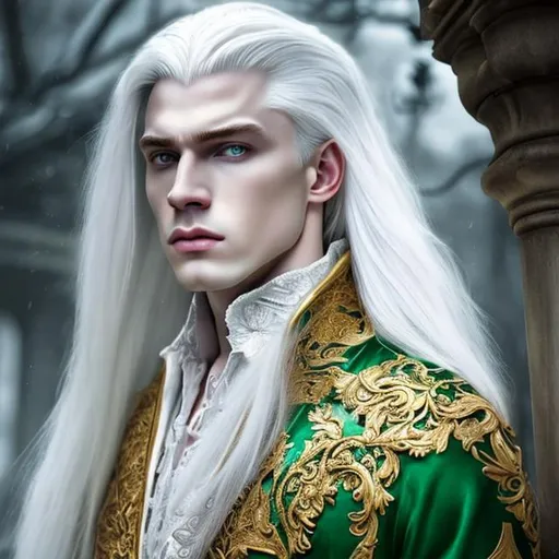 Prompt:  8K, HD, 3D, portrait of beautiful albino male, photorealistic, noble handsome male, dynamic pose,pale beautiful face, grey stunning eyes, extra long white straight hair, elegant green wizard clothes, intricate, detailed, charming male, light contrast, noble, perfect anatomy, gothic dark room ambient, perfect male beauty, golden ratio