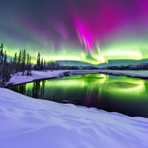 Prompt: A snowy landscape with northern lights reflecting in the snow