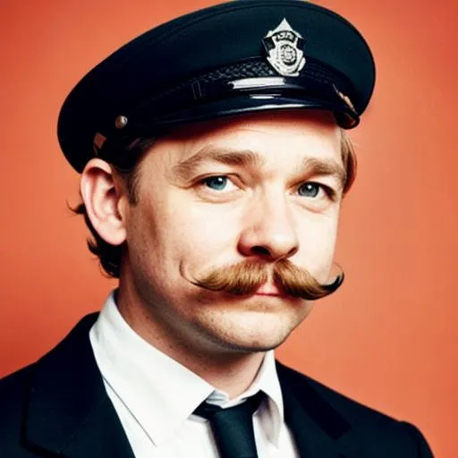 Prompt: Martin Freeman with a vintage moustache as a detective