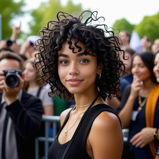 Prompt: A Photographer Women 19 years old black curly hair small nose full lips perfect body blue eyes realistic 8K hihg graphic
Highly detailed facial features with small shy expressive smile.
Posed behind the ropes amongst the crowd taking pictures of the event.