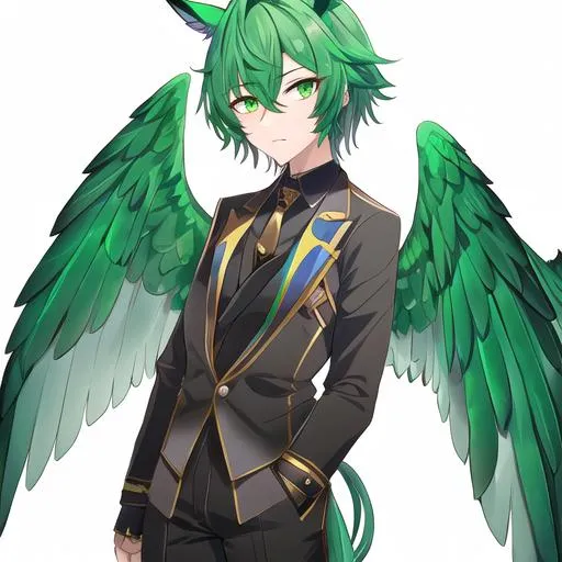 Prompt: Male. Small and masculine build. human animatronic hybrid, with focused emerald eyes. They identify as a Male. Emerald colored feathery pegasus wings and tail. Short Green ombre hair. horse ears adult