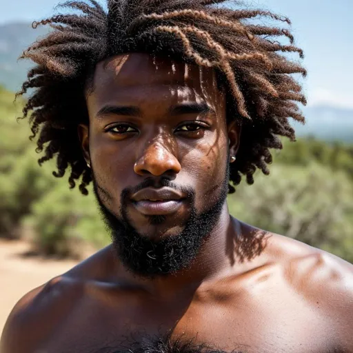 Prompt: close up photo of very handsome, 20 year old African man looking at the camera, wavy hair cut medium length, with a trimmed beard, very hairy chest and armpits, mountain top vista, centered in frame, 85mm lens, f8, photography, intricate details, very detailed eyes, correct perspective, natural light
