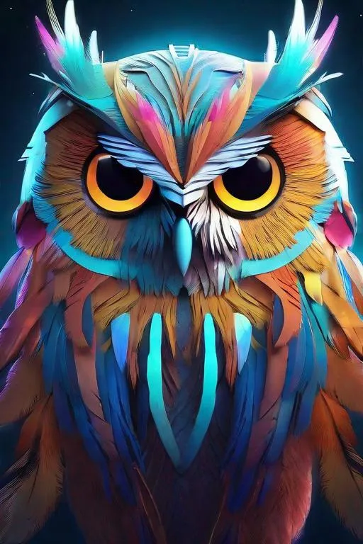 Prompt: Splash art, octane render,  Owl, bioluminescence, glowing, multicolor feathers, fantasy, very detailed feathers