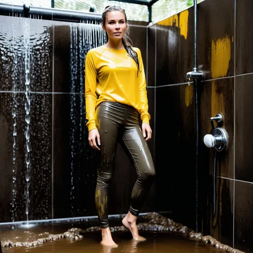 Prompt: photo of young woman, soaking wet clothes, long tight dirty black leggings covered with mud, long sleeve tight yellow t-shirt covered with mud, standing stright, under outdoor shower,  , mud washed off from clothes, full body view,   enjoying, water dripping from clothes, clothes stuck to body,  detailed textures of the wet fabric, wet face, wet plastered hair,  wet, drenched, professional, high-quality details, full body view.