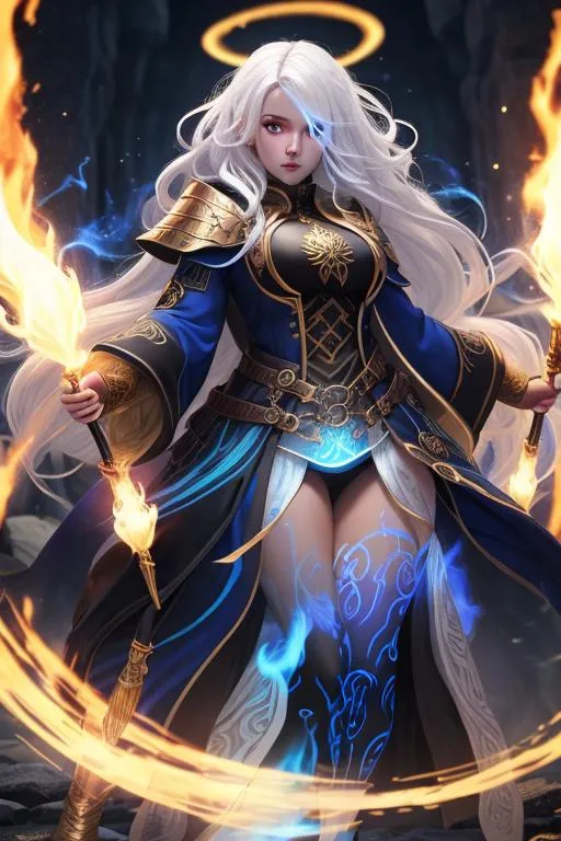 Prompt: ombre white hair, glowing runic eyes, girl, fantasy, DnD mage, black-gold mage clothes, caught on blue fire, blue burning luminescence, blue fire burning on body, fullbody, ((full body)) {{good looking}} {{cute}} {{good body}} {{tight}}, {{shadows}}, 