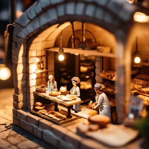 Prompt: Tiny wooden bakery, tiny people, stone oven, busy customers at night 