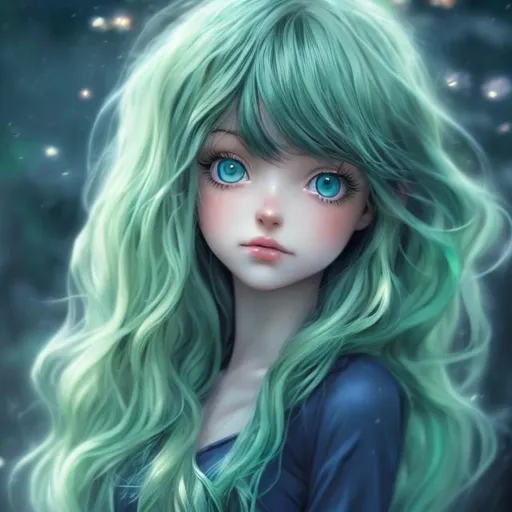Prompt:  Realistic girl in anime, hyper detailed, long green wavy hair  anime girl and has dark blue eyes, highly full character visible, soft lighting, high definition, ultra realistic, digital art.