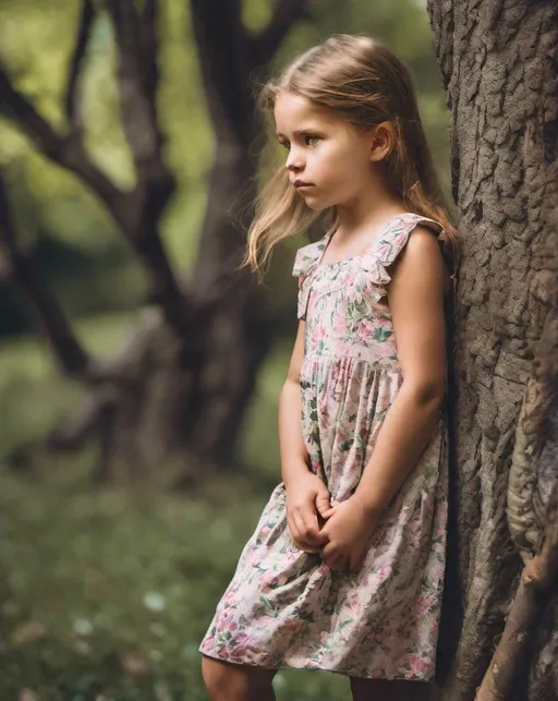 Prompt: A young girl in a floral dress climbing a tree and looking off into the distance wistfully.