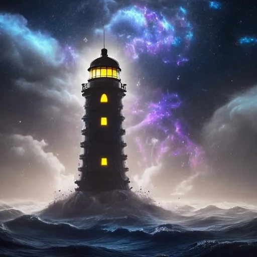 Prompt: Haunting lost space lighthouse in huge dangerous astral storm