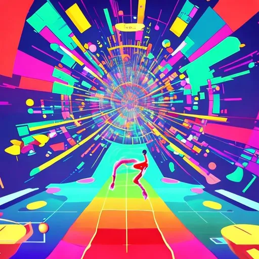 Prompt: Music Dance Video Game that is colorful with a lot of music objects in the background fun and abstract