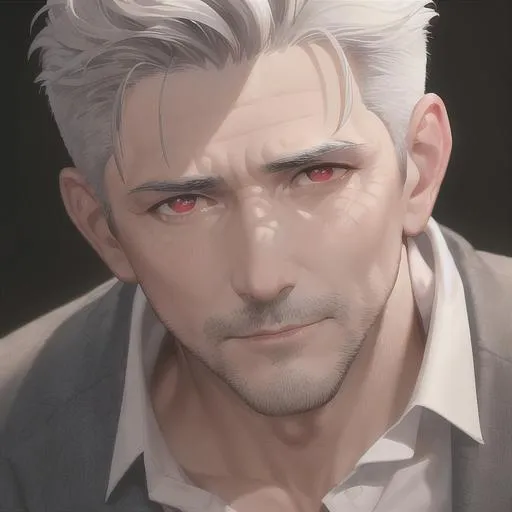 Prompt: "A close-up photo of a handsome middle aged man with short grey hair, sharp red eyes, in hyperrealistic detail, with a slight hint of loneliness in his eyes. Brown skin. White unbuttoned business shirt. His face is the center of attention, with a sense of allure and mystery that draws the viewer in, but his eyes are also slightly downcast, as if a sense of loneliness is lingering in his thoughts. The detailing of her face is stunning, with every pore, freckle, and line rendered in vivid detail, but the image also captures the subtle emotions of loneliness that might lie beneath his surface."