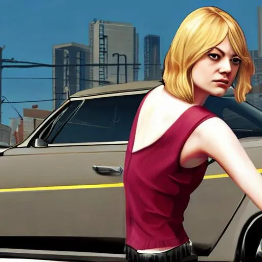 Prompt: emma stone in gta v, cover art, artstation, no text, Infront of a car