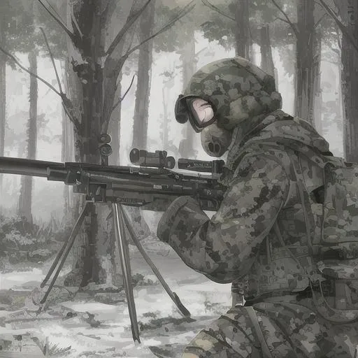 Prompt: Sniper stalking in the woods, trees, nuclear winter, burning objects, guns, camouflage, gas mask