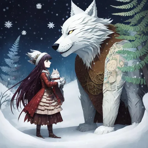 Prompt: the patchwork girl and the Big Winter wolf. paper cutout, washi paper, cardboard relief, detailed, fern leaves, Snow, by artgerm, Megan duncanson, James Jean, shaun tan, gekidan inu curry, madoka magica, by kay nielsen,  embossing