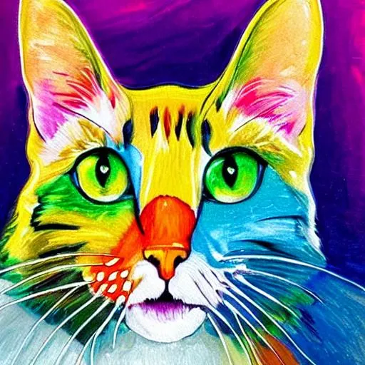 Prompt: Painting of a colorful cat tongue out cute adorable 