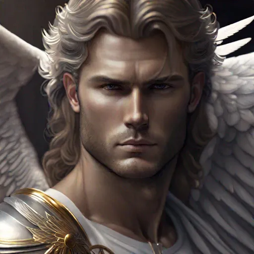 Prompt: 4k close up on Tough looking male angel with wings and a halo (detailed face), weilding a holy sword
