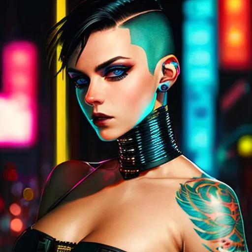 Prompt: beautiful pale cyberpunk female with heavy black eyeliner, blue eyes, shaved side haircut, hyper detail, cinematic lighting, magic neon, dark red city