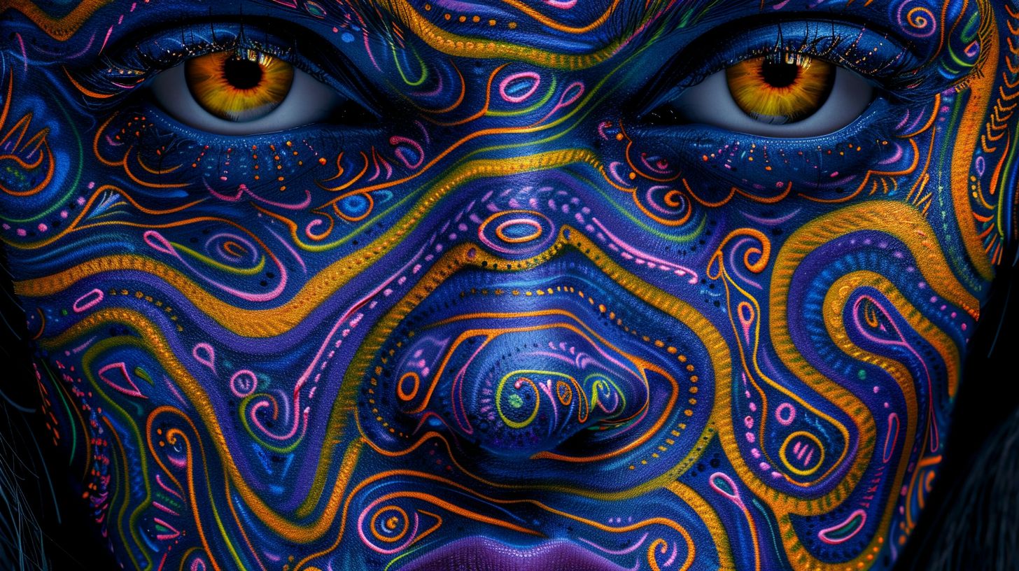 Prompt: A psychedelic painting of an attractive woman, the colors flow like liquid and create beautiful patterns in her face against a dark background, rendered in a hyper realistic, hyper detailed style.