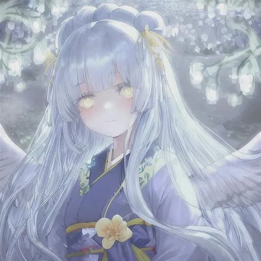 Prompt: Beautiful girl with long light blue hair. She has light yellow eyes smiling cutely. Wearing a completely dark blue kimono. At night. Her eyes glow in the dark. She is in a field of light yellow lilies. with willow trees in the back round. She has white fluffy angel wings on her back. She does not have wings on her head.