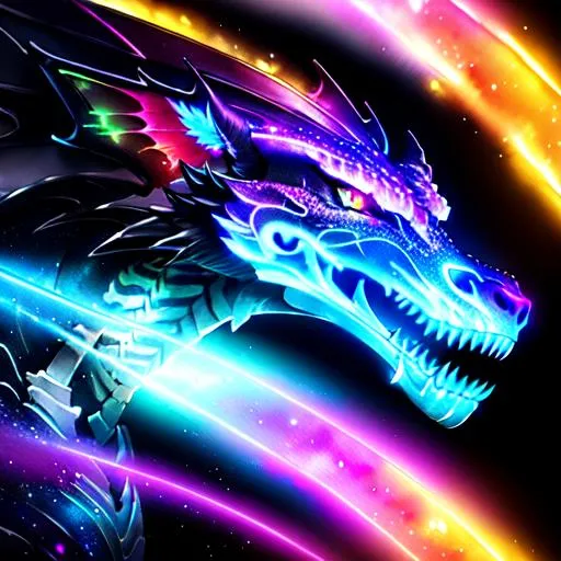 Prompt: Watercolor portrait of a roaring neon galaxy dragon with iridescent black markings and a skeleton face, perfect composition, hyperrealistic, super detailed, 8k, high quality, trending art, trending on artstation, sharp focus, studio photo, intricate details, highly detailed, by greg rutkowski, illustration, watercolor